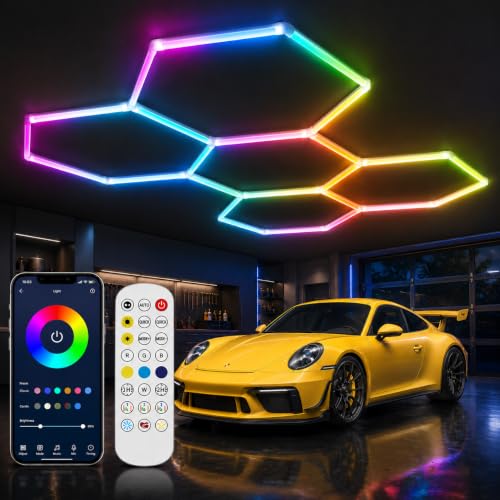 Tiyahomey RGB Hexagon Garage Lights 25PCS 5 Hexagon LED Ceiling Lights with APP & Remote Control Music Sync 358 Color Modes Dimmable DIY Honeycomb Lights for Garage Gaming Room
