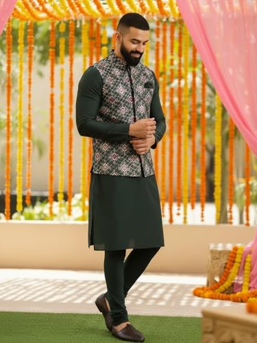 Image of KISAH Men's Kurta Jacket Churidar Set, Bottle Green Silk Blend, Embroidered Regular Fit Mandarin Collar Long Sleeves