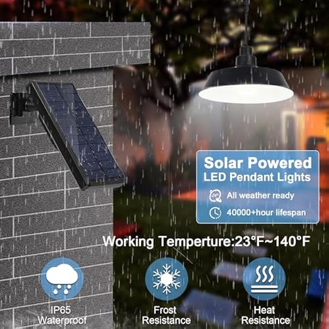 Solar Pendant Lights Outdoor, Solar Shed Light with 360¡ã Adjustable Panel, Dimmable Lighting with Remote Control, 16.4ft Cable IP65 Waterproof for Patio, Garage, Camp, Chicken Coop, Barn