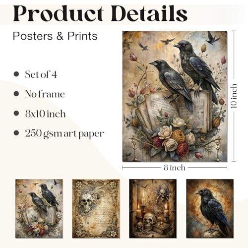 Image of WEFKODO Vintage Moody Gothic Wall Decor Skull Prints, Vintage Crow Goth Dark Academia Wall Art Posters 4Pcs, Gothic Decor for Home Bedroom Bathroom Dorm College, 8x10 Unframed