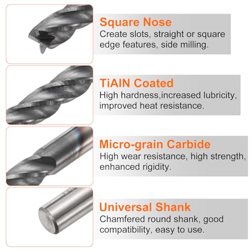 Image of HARFINGTON Carbide Square Nose End Mill Bit 1 /8 inch Cut Dia 4 Flutes TiAlN Coated Milling Cutter for Hardened Steel Metal (1 /8 inch Shank 5 /8 inch Cut Length 2-5 /16 inch Long 30 Degree Helix)