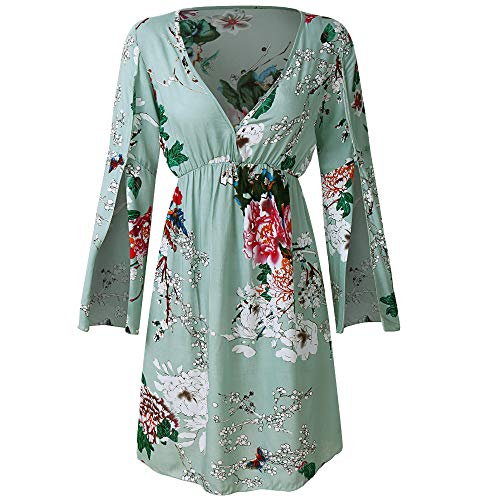 Preisvergleich Produktbild Damenkleider Casual Trompetenärmel Herbstkleid Blumendruck V-Ausschnitt Rüschen Wickelkleid Langarm Hohe Taille Swing Plissee Skater Minikleid