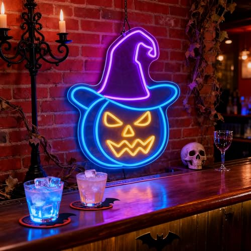 Image of Custom Halloween Neon Sign Witch Hat Led Sign Broom Light Up Sign for Wall Halloween Decorations for Halloween Party Window Porch Room, Home