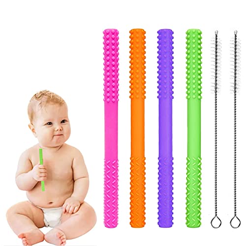 Hollow Teething Tubes,4 Pack Baby Teething Toys, Soft Silicone Chewy Straw TubesÂ for Baby 3-12 Months,with 2 Cleaning Brush, Helps Soothe Teething Irritation, BPA Free/Freezable