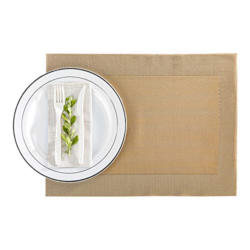 Geneva Frame Metallic Gold Vinyl Woven Placemat - 16" x 12" - 6 count box - Restaurantware