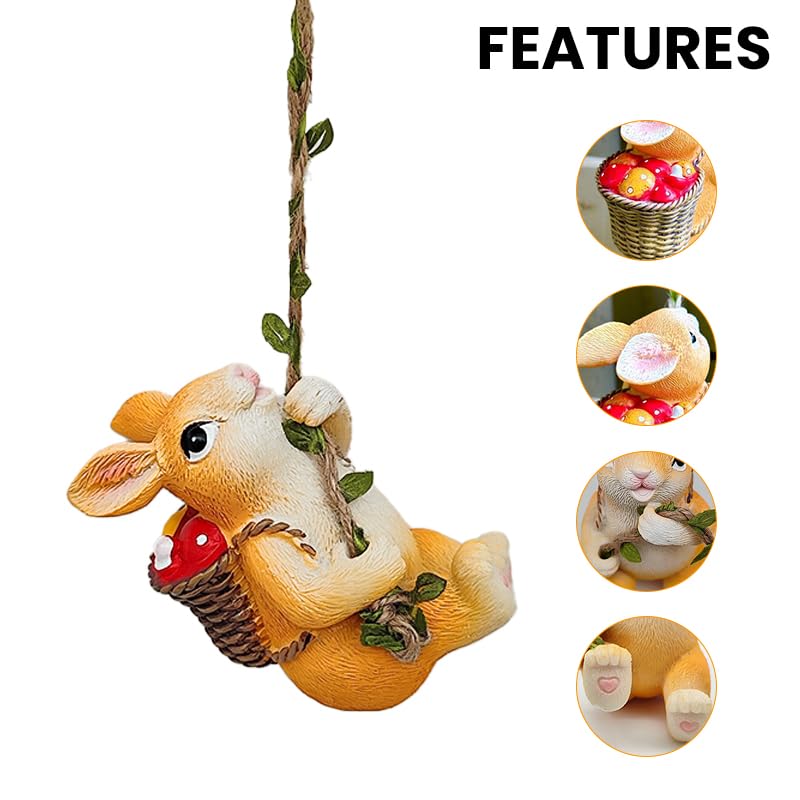 Image of HASTHIP Cute Resin Climbing Bunny Decor with Rope and Basket of Mushrooms for Planter or Garden Hanging, Adorable Rabbit Figurine for Indoor Outdoor Home Decoration