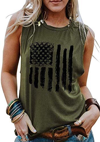American Flag Tank Tops Women Patriotic Shirt Sleeveless T-Shirt USA Flag Stars Stripes Print 4th of July Tee Tops (Green-2, Medium)