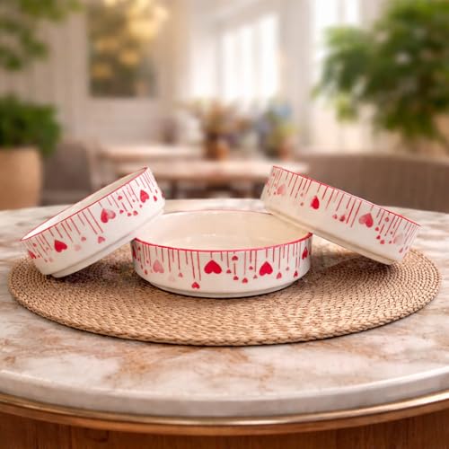 Image of Niyara Stoneware Handmade Ceramic Stylish Premium Serving Bowls /Salad Tray Microwave Dishwasher Safe (Heart Print Bowl Set of 3)