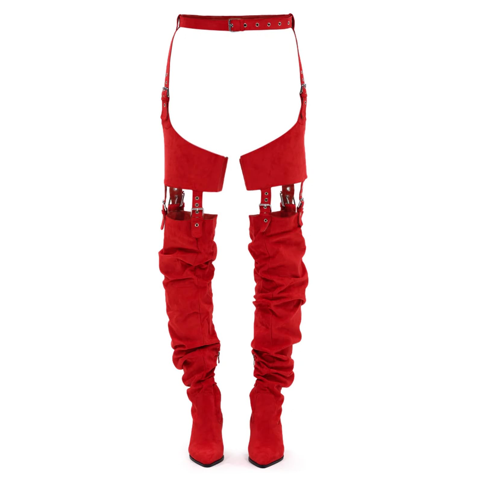 FancyQueen Thigh High Boots for Women Over the Knee Belted Faux Suede Boots Pointed Toe Chunky Heel Side