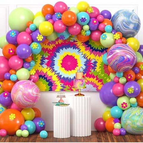 SNLN 162 Pcs Tie Dye Birthday Party Decorations Supplies for Kid Teen Adult Colorful Tie Dye Balloon Arch Kit Backdrop Flower Foil Balloon Rainbow Birthday Decorations Hippie Tie Dye Party Decorations Cover