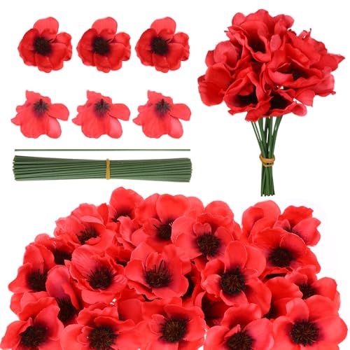 Furbeko 60 Set Red Poppy Artificial Flowers Fake...