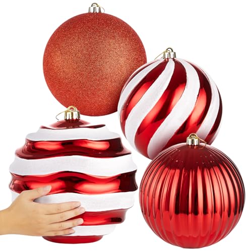 4 Pcs 8 Extra Large Christmas Ball Ornaments Giant Oversized Plastic Xmas Ball Big Hanging Christmas Tree Ornaments for Xmas Tree Holiday Party Outdoor Decor(Red White)