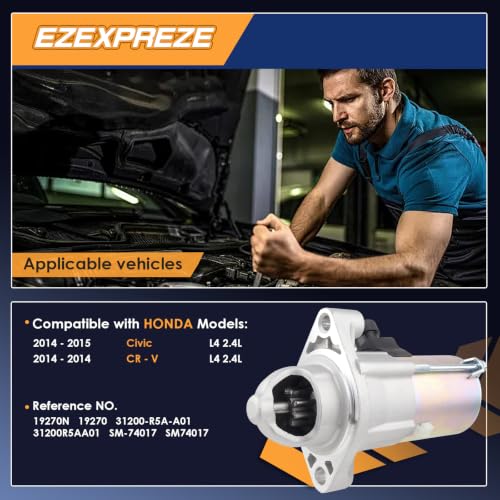 Image of Ezexpreze 19270 New Starter Compatible with Honda CR-V CRV 2014 2.4L, Civic 2014-2015 2.4L, 12V 1.6KW 9-Teeth Clockwise, Replace# 31200-R5A-A01