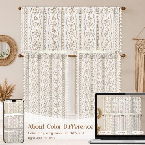 Image of Yinhua Boho Kitchen Curtains 36 Inch Length Vintage Linen Cafe Curtains Light Filtering Bohemian Floral Tier Rod Pocket Farmhouse Rustic Tassel Small Drapes with Tiebacks, 2 Panels, White Beige