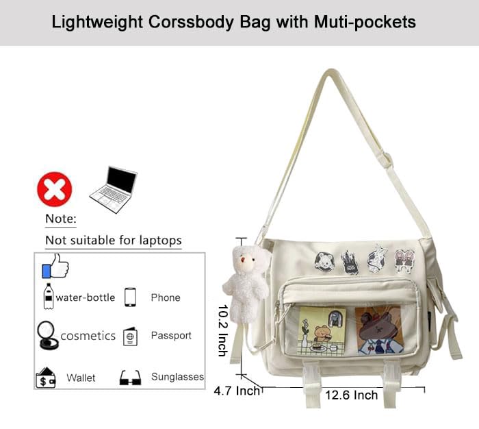 Kawaii Crossbody Bag with cute Pin and Pendant, Lightweight Japanese Messenger Bags Y2K Shoulder Bag for Women Men2