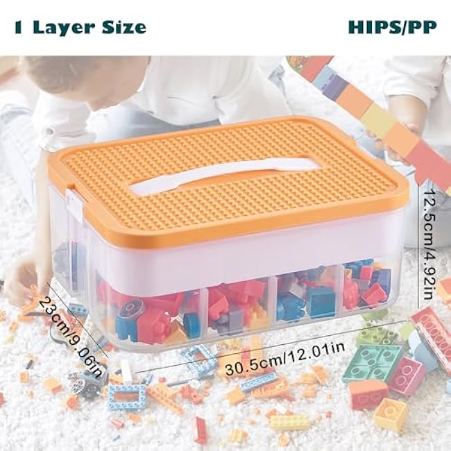 Plastic Storage Bins with Lids, Storage Container with Carrying Handle, Organizer with Removable Compartments and Building Baseplate for Beads, Tools, Crafts Storage, Yellow, 1 Layer