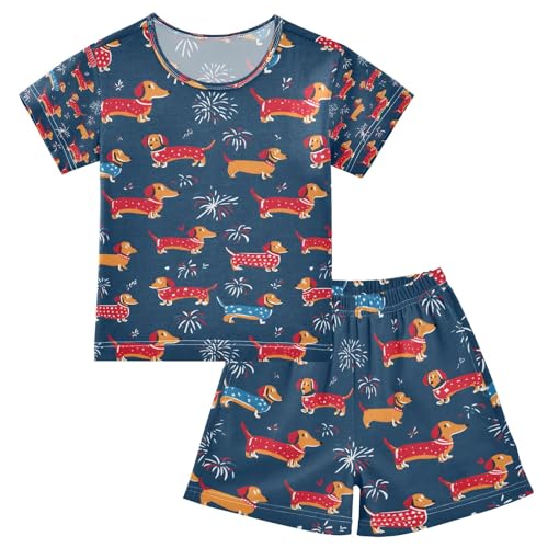 senya Dachshund Dogs Firework Summer Pajamas Set Short Cotton Sleepwear 2 Piece