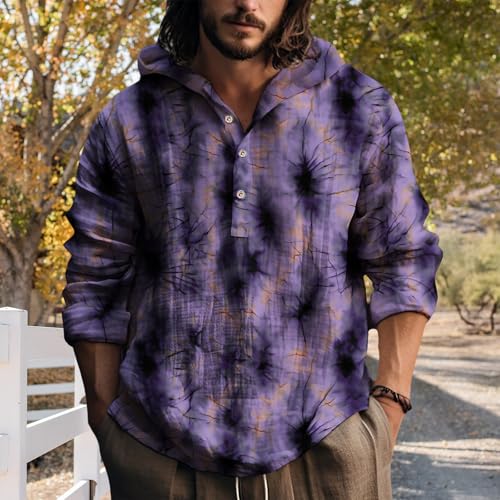 Mens Hoodie Shirts Tie Dye Print Long Sleeve Pullover Loose Fit Vintage Casual Henley Button Fall Hooded Sweatshirts2
