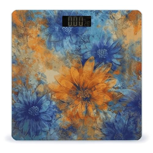 Báscula digital de baño flores azul y naranja con pantalla LCD grande miniatura 1