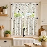 VOGOL Blue Flower Embroidery Tier Curtains and Valance Set, 3 Panels Rod Pocket Cafe Kitchen Curtains for Small Windows, Light Filtering, 52 x 18 & 30 x 36
