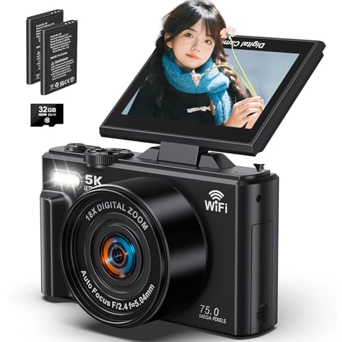デジタルカメラ 5K 7500万画素 デジカメ スマホに送れる WIFI 180度回転可能ディスプレイ オート18倍デジタルズーム フォーカス 連続撮影 自撮り 3.0インチスクリーン 携帯便利 ポケットカメラ 学生 初心者 修学旅行 Vlog 小型 コンパクトカメラ 32GBマイクロSDカード付き