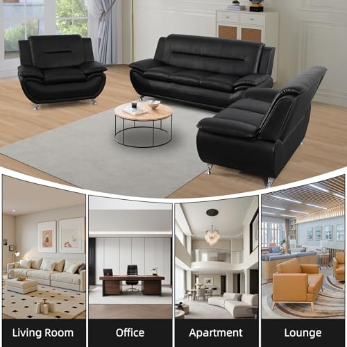 Image of Modern Leather Sofa Set, Living Room Furniture, 3 - Piece Couch Set, Faux Leather Couch Loveseat Chair Set with Sturdy Legs for Living Room /Bedroom /Office,Black