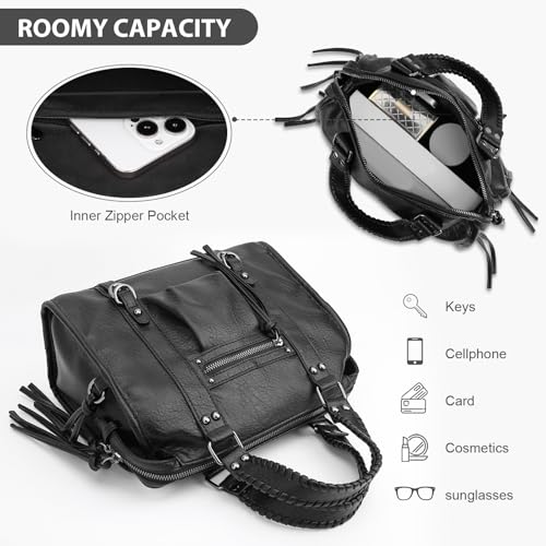 Hobo Bag Vegan Leather City Bag for Women Vintage Tote Handbag Top Handle Fringe Zipper Hobo Purse4