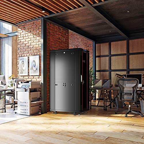 Image of Sysracks 27U Server Rack Cabinet, 39 inch Deep, Glass Door, 19-Inch | Cooling fans, PDU, shelf, casters, leveling feet, cable entry brushes