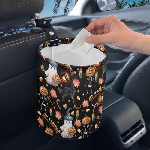 Image of Ghost Pumpkin Maple Leaf Print Portable Car Garbage Bin Halloween Reusable Collapsible Hanging Portable Dustbin Bin Waste Basket Car Accessories Interior for Car SUV Trucks Universal