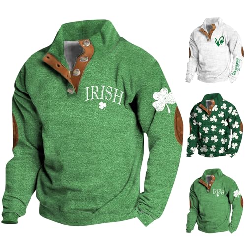 QWENTMTNTY Mens St Patricks Day Sweatshirt Retro Irish Flag Shamrock Shirts Stand Collar Long Sleeve Shirt Pullover Clothes3