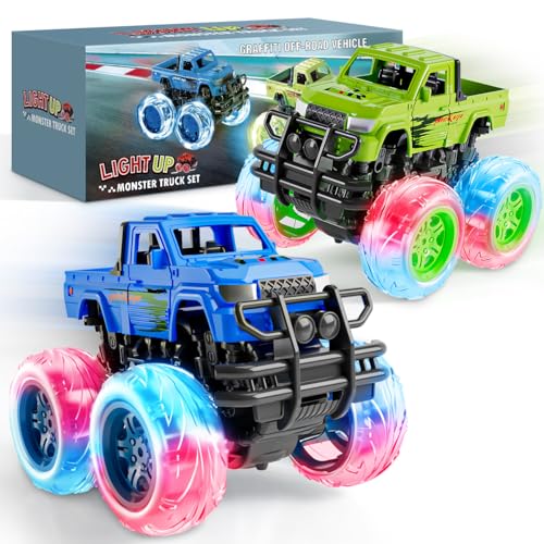 LODBY Monster Trucks Toys for Toddlers, Light-Up Trucks & Cars Toys for 2 3 4 5 6 Year Old Boy Christmas Birthday Gifts, Kids Push and Go Cars with Flashing Wheels (2 Pack)
