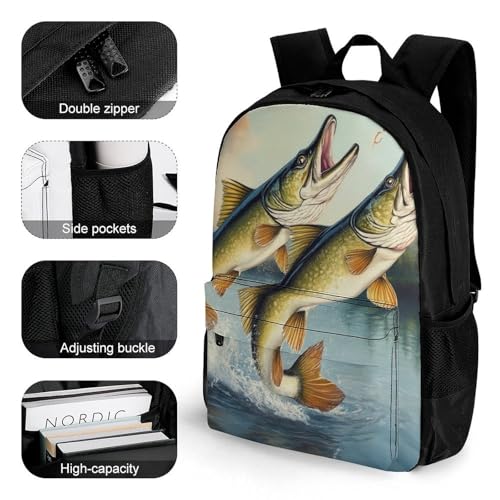 Supdreamc Men Women Polyester Two Bass Fish Jumping Out Of Water Painting Casual Daypack Large Capacity Carry On Bag With Adjustable Shoulder Straps for Camping Work Running3