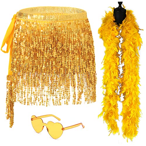 Sequin Skirt - Gold Sequin Skirt for Women Fringe Skirt Belly Dance Rave Disco Cowgirl Sparkle Skirt with Sunglasses + Boa