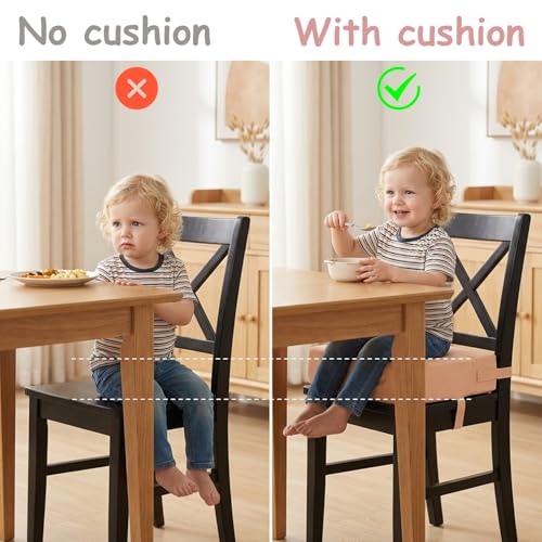 Image of Toddler Booster Seat for Kitchen Chair & Dining Table - Beige | Firm Support Kids Booster Seat for Dinin with Extra-Long Adjustable Straps, Portable Washable Non-Slip , Won't Flatten Easily