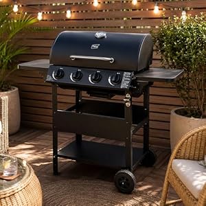 Neo 4 Burner Gas BBQ Grill with Regulator Included Side Shelves Warming Rack Bottle Opener Stainless Steel Outdoor Auto Ignition