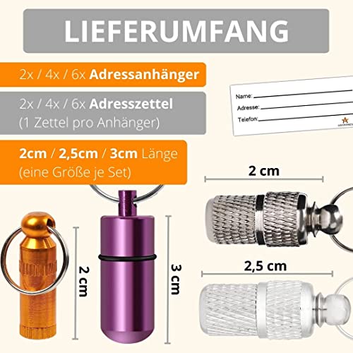 AMATHINGS Adressanhänger Hund (2 cm Länge – 6 Stück – Silber) – Halsband Anhänger für Haustiere mit Zettel zum Beschriften – Wasserdichte Anhänger Hundehalsband mit Schraubverschluss