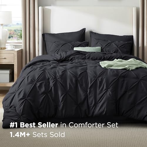 Image of Bedsure King Size Comforter Set Black - Bed in a Bag Bedding Set 7 Pieces, GentleSoft Pintuck Bed Set Gift for Family, All Season Down Alternative Comforter with Sheets, Pillowcases & Shams