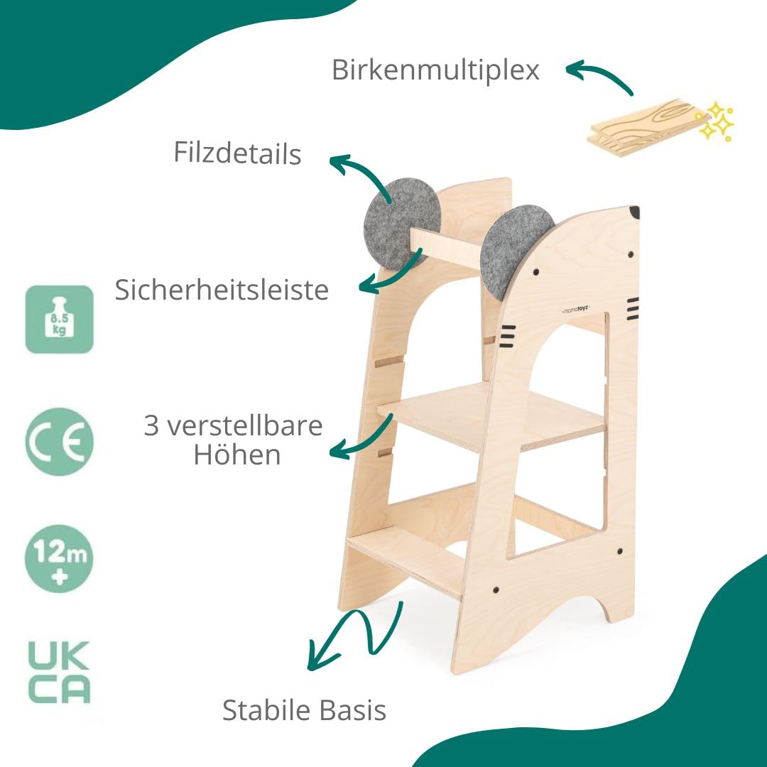 Mamatoyz Kule Topo Mehrzweck-Montessori-Lernturm - Lernturm aus natürlichem Birkensperrholz mit 3 einstellbaren Höhen, ohne scharfe Kanten, mit abgerundeten Kanten.