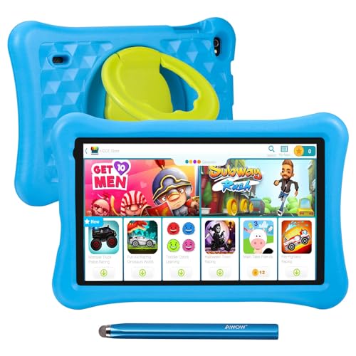 AWOW Tablette pour Enfant HD 10,1", 12 Go (4+8 Expand) RAM 128 Go de ROM – Tablette pour Enfants avec Application KIDOZ – Tablette Android 13 avec Stylet Tactile et Etui Anti-Chute, Bleu