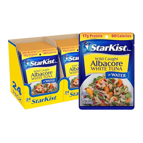 StarKist Albacore White Tuna in Water, 2.6 oz Pouch (24 Pack) Ready to Eat Wild Caught Tuna, 17g Protein, 80 Calories Per Serving, Gluten Free, Soy Free, Kosher, Perfect for Salads, Meals and Snacks