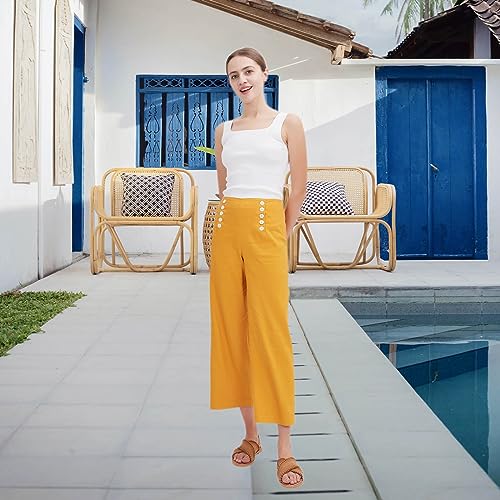 ASSUAL Women's Linen Blend Mid-High Waist Vintage Button Sailor Pants 0792