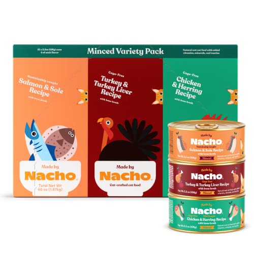 Made by Nacho Premium Minced Wet Canned Cat Food with Hydrating Bone Broth 5.5oz (12 Packs) (Variety Pack (Turkey & Turkey Liver, Chicken & Herring, and Salmon & Sole))