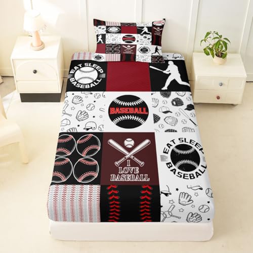 Image of Castle Fairy Baseball Bed Sheet Set Twin Size,Sports Geometric Grid Red Sheet Set Kids Teens,Patchwork Baseball Bedding Decor Set with 1 Flat & 1 Fitted Sheet with 1 Pillow Sham