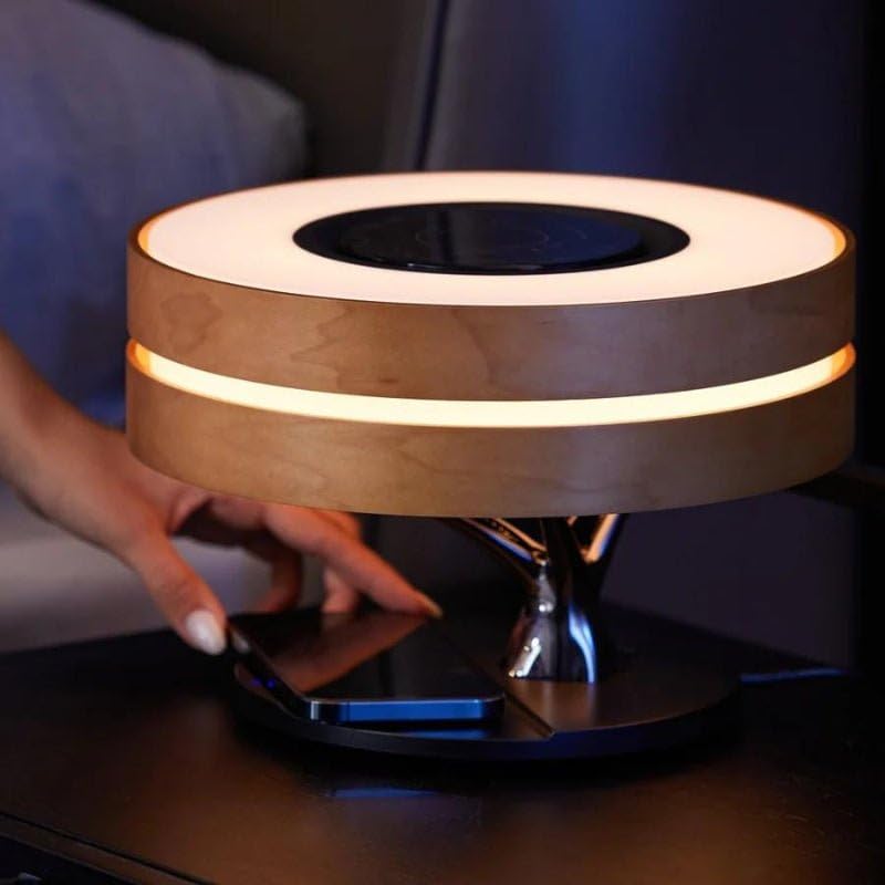 SILAMP Lampe de Chevet Ronde Horizon avec Enceinte & Chargeur Sans fil - Dimmable Tactile - 3000K/4000K/6500K
