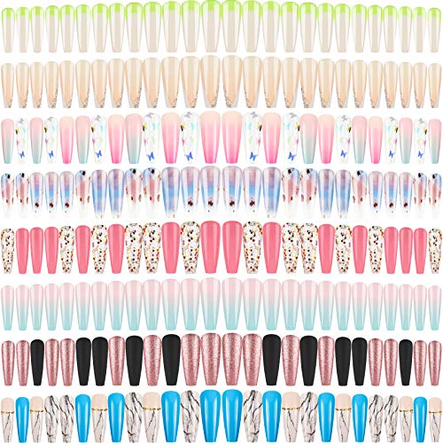 192 Pieces 8 Boxes Long Ballerina Press on Nails Ballerina Coffin Glossy False Nails Glitter Full Cover Fake Nails Colorful Artificial Nail Tips for Salon Home DIY Nail Art (Stylish Series)