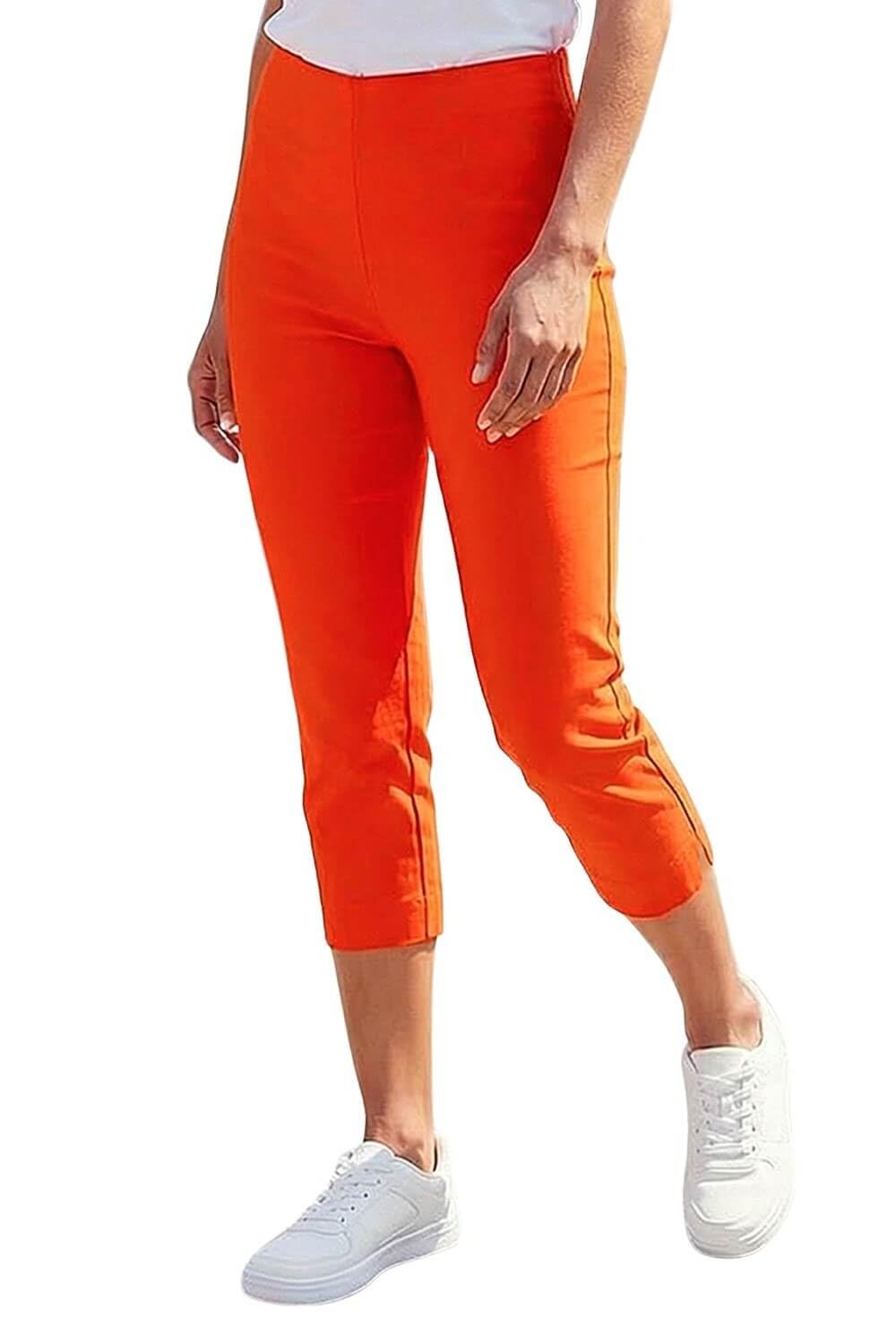 Roman Cropped Trousers for Women UK Ladies Capri Leggings Summer Pants Short Crop Stretch 3/4 Length Three Quarter Pedal Pusher Clothes Elasticated Bengaline Cut Off - Burnt Orange - Size 12