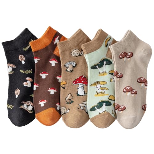 5 Pairs Cute Cartoon Animals Print Cotton Ankle Socks for Women Teens (US, Alpha, One Size, Regular, Regular, Mushroom)