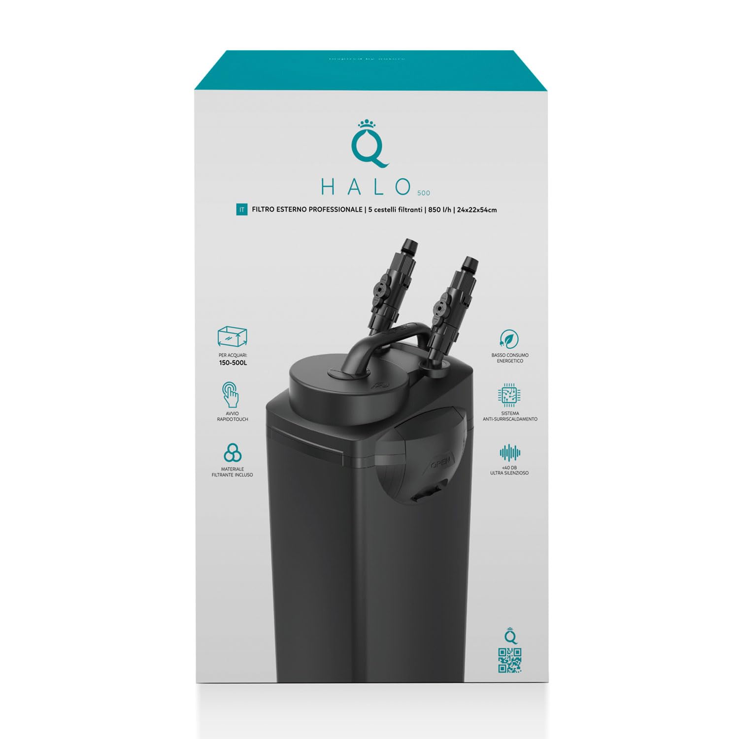 AQPET Halo 500 Filtro Esterno Professionale per Acquari, Silenzioso, Completo di Materiali filtranti, Portata Regolabile, Avvio Touch e Sistema Anti-Surriscaldamento, per acquari Fino a 500 Litri