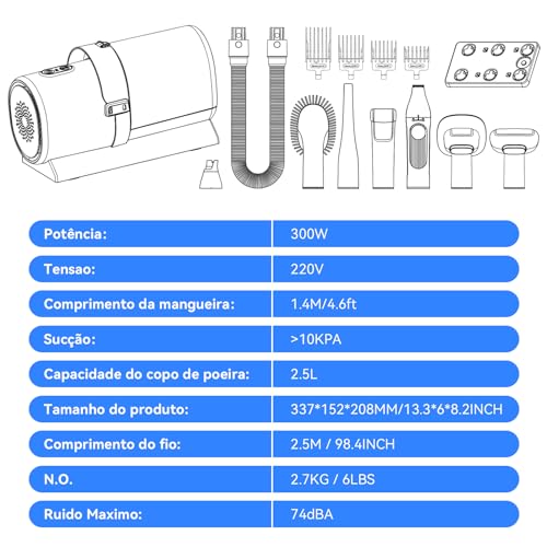 Kit de limpeza para cães, 7 em 1 Aspirador de Pelos Pet Animais de estimação com 4 pentes de cabelo,