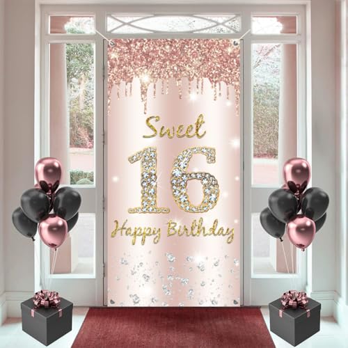 Sweet 16 Birthday Decorations for Girl, Happy 16 Years Old Backdrop Banner Rosegold Fabric Sign Poster, Girl 16th Birthday Door Banner Party Supplies Photo Background Welcome Sign